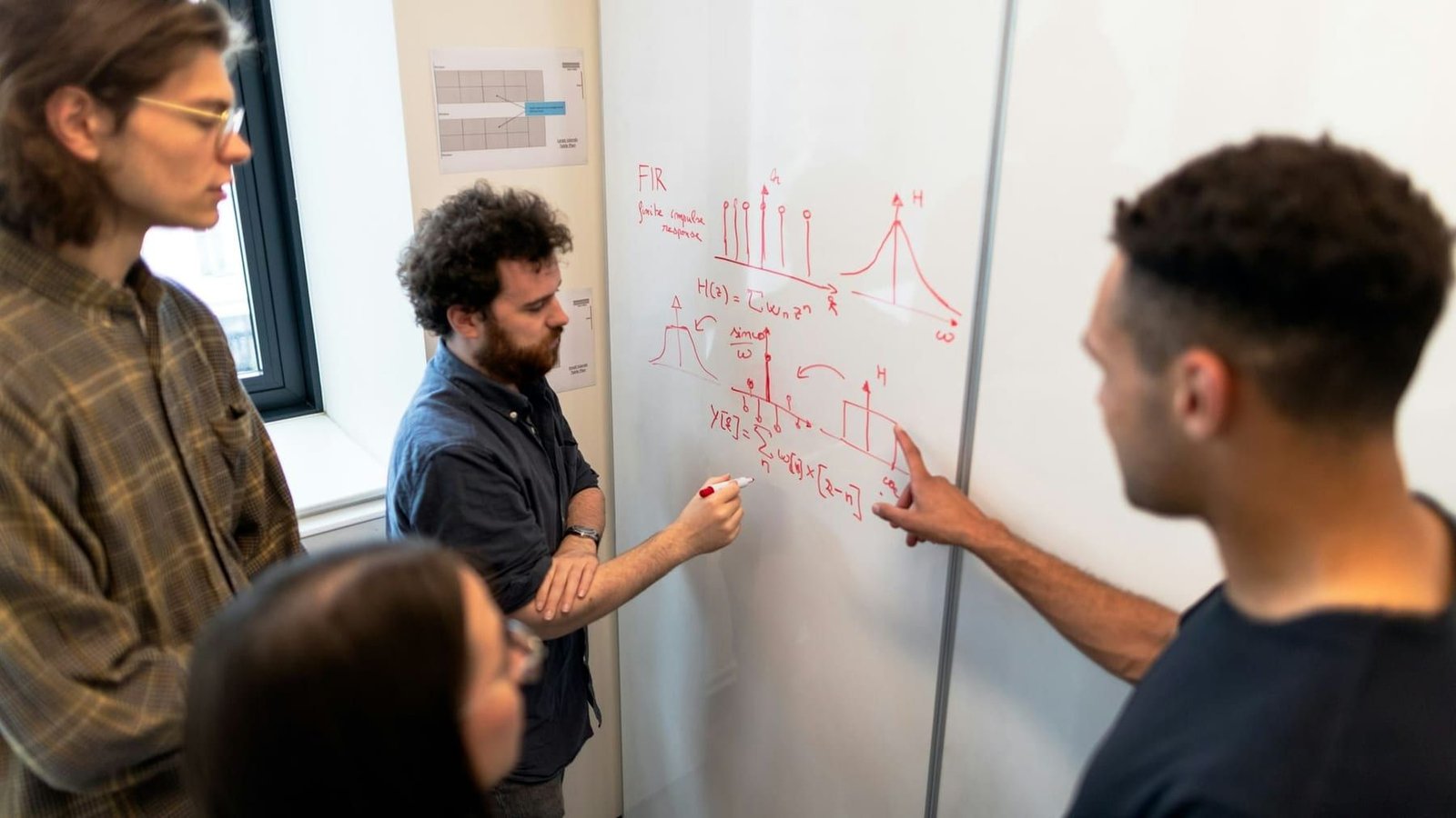 A small team standing at a whiteboard discussing a hand-drawn system diagram.