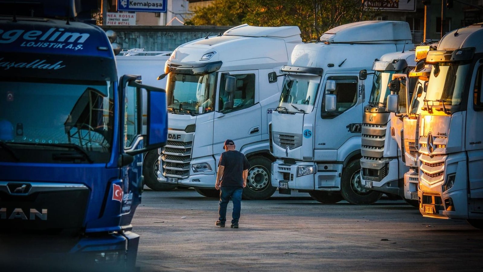 A row of heavy goods vehicle cabs parked side by side at a transport depot, a driver walking between them.